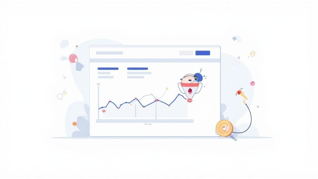 Analytics dashboard showing fluctuating line graph with trophy icon representing successful demand generation performance metrics