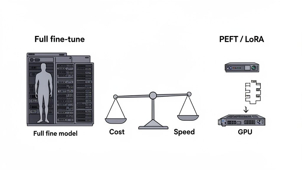 Diagram comparing full fine-tuning, with its high cost, to efficient PEFT/LoRA methods using a GPU.