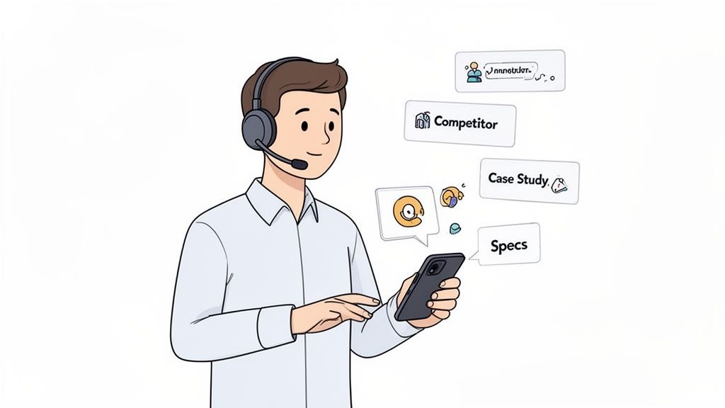 A cartoon person with a headset using a smartphone to access information like competitor data, case studies, and specs.