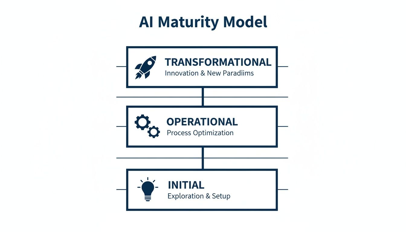 An AI Maturity Model diagram showing three progressive levels: Initial, Operational, and Transformational, with icons and descriptions.