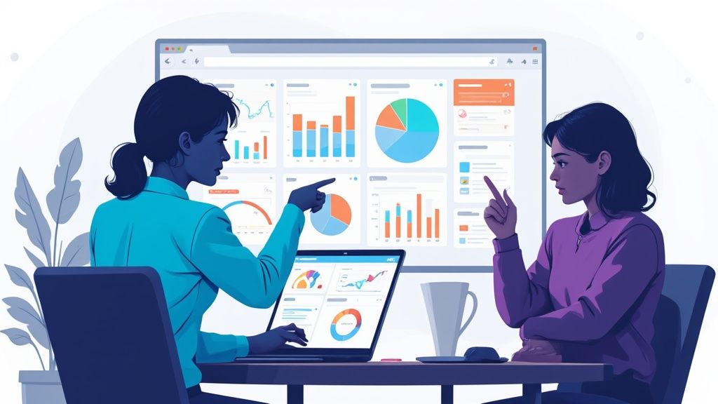 Two women analyzing sales performance metrics dashboards on a large screen and a laptop.