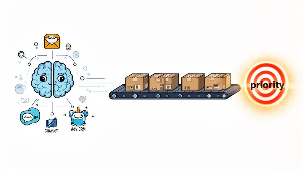 Digital marketing brain, processing inputs like email and CRM, prioritizes tasks on a conveyor belt.