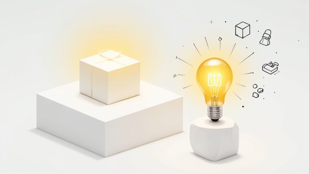 A glowing gift box on a pedestal next to a light bulb radiating innovation and growth ideas.