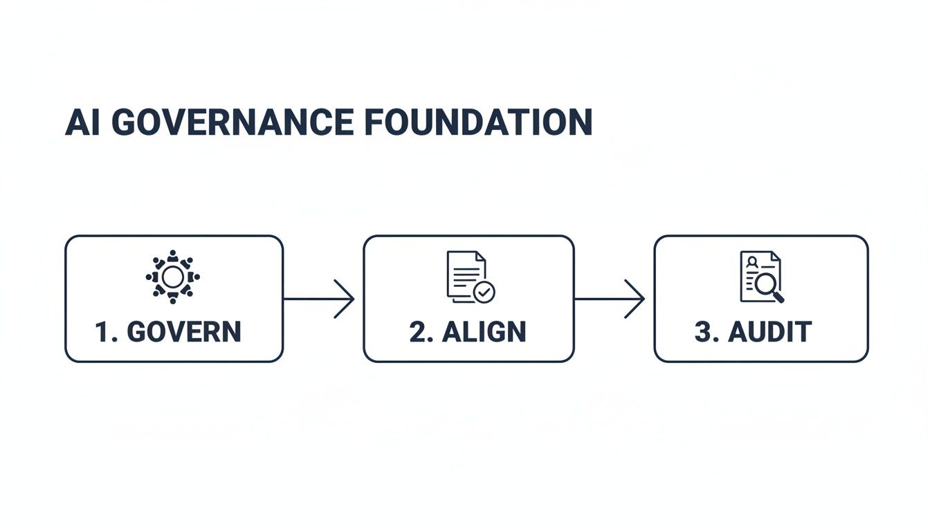 Flowchart illustrating the AI governance foundation: Govern, Align, and Audit steps for responsible deployment.