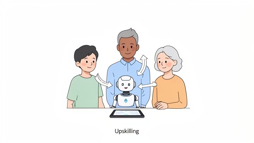 Three people of different generations interact with a small robot on a tablet, symbolizing upskilling with AI.