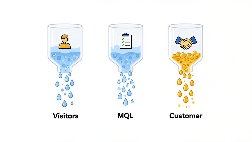 Three funnels illustrate the lead generation process, narrowing visitors to MQLs and finally to customers.