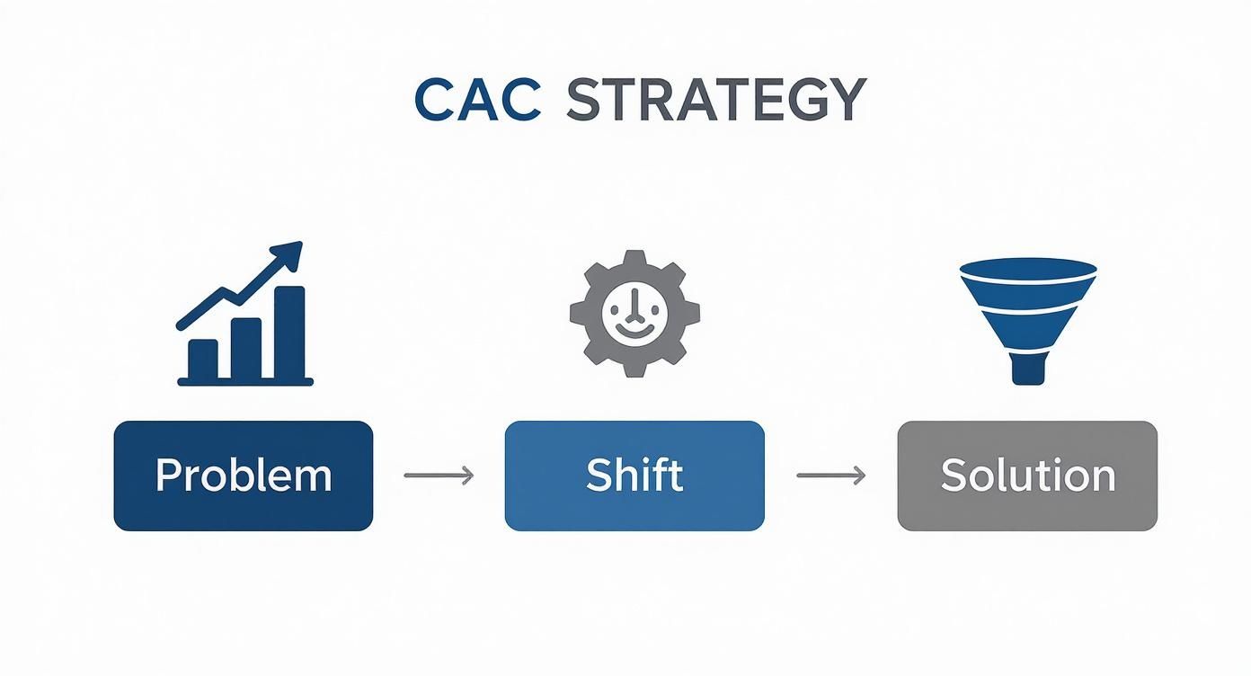 Flowchart illustrating CAC strategy: Problem (growth chart) leads to Shift (gear with smile), then to Solution (funnel).