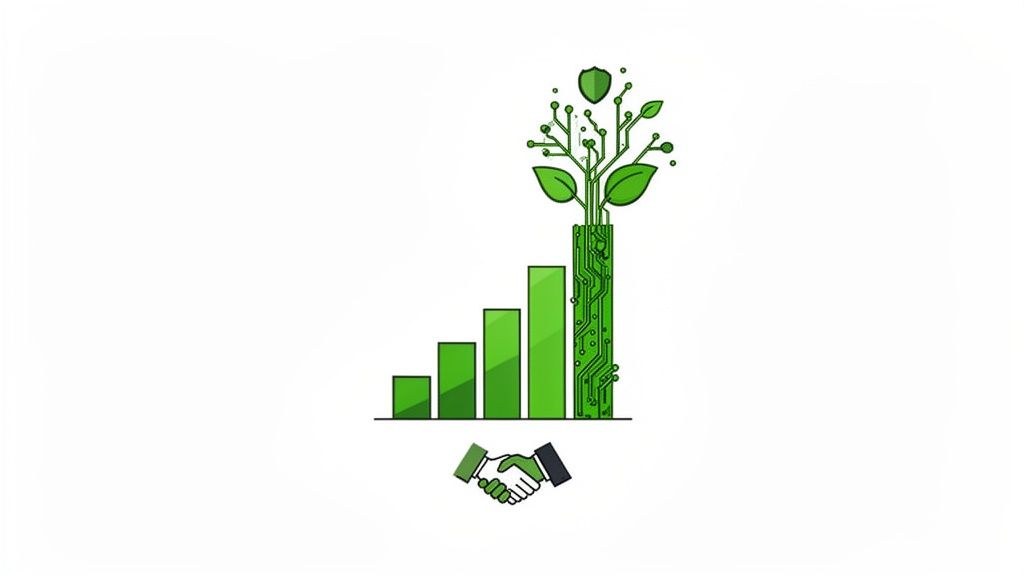 Green growth chart, circuit board tree with shield and handshake, symbolizing secure, sustainable AI and partnerships.