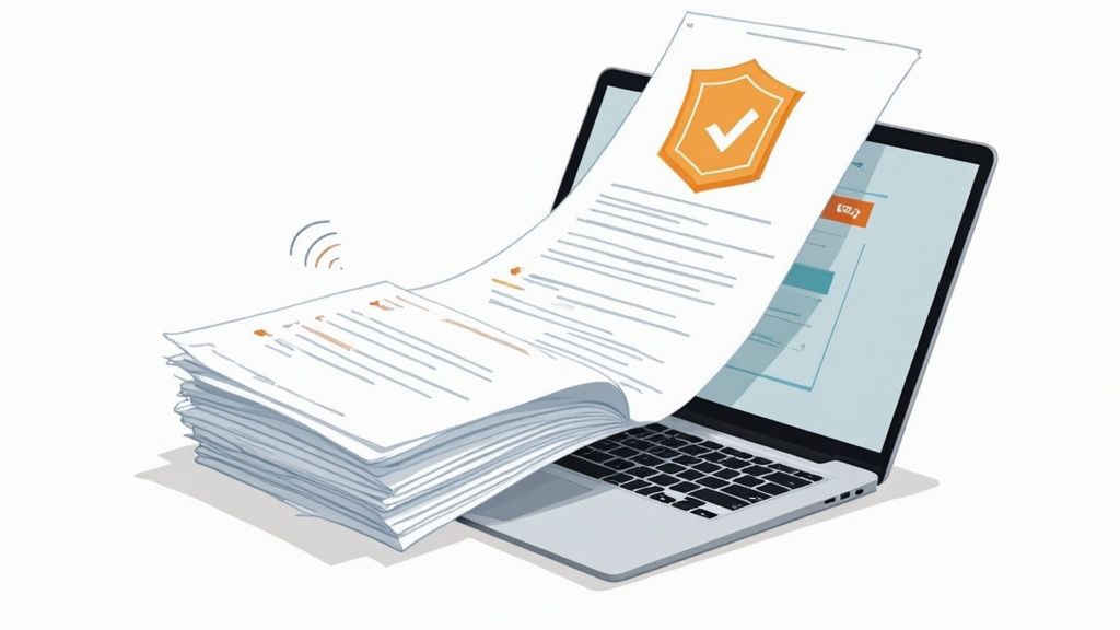 Papers with a security shield flowing from a laptop, indicating secure document digitization or automation.