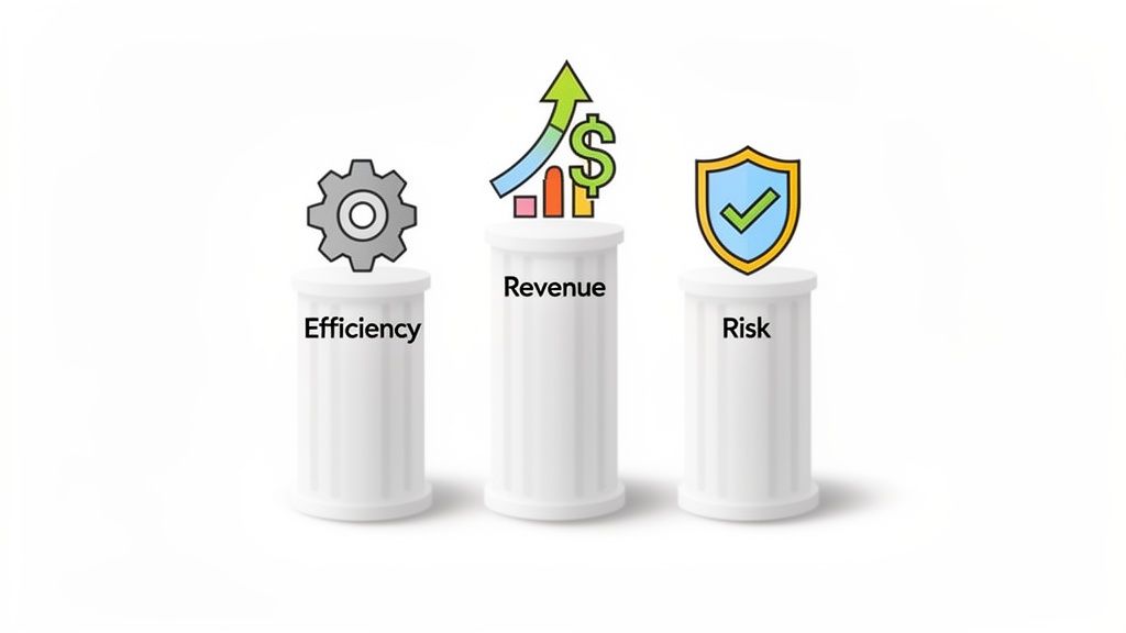 Three pillars illustrating key business concepts: Efficiency (gear), Revenue (chart, dollar sign), and Risk (shield, checkmark).