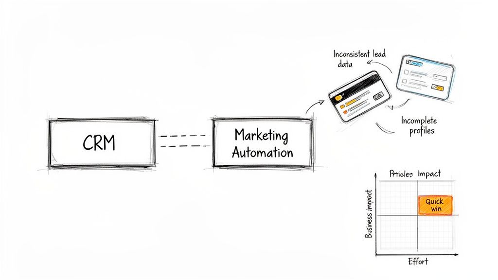 Diagram illustrating CRM and Marketing Automation connection, data issues, and a 'Quick win' priority matrix.