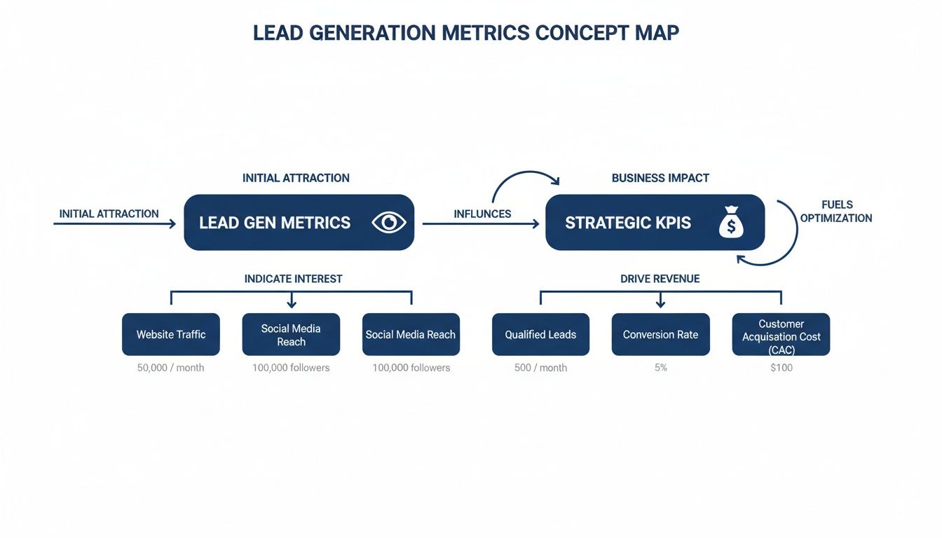 A concept map illustrating lead generation metrics and their influence on strategic KPIs and revenue drivers.