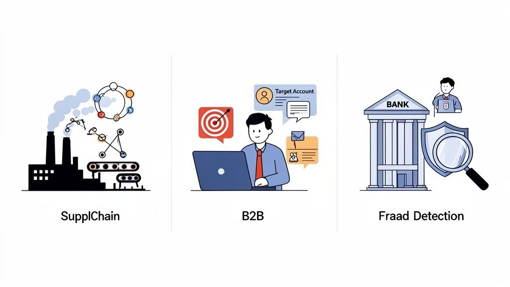 Illustrations depicting supply chain, B2B, and fraud detection applications within an enterprise context.