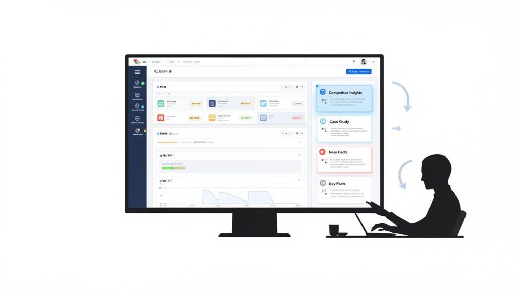 A person working on a laptop, viewing a large computer screen displaying an enterprise RAG implementation strategy dashboard with various insights.