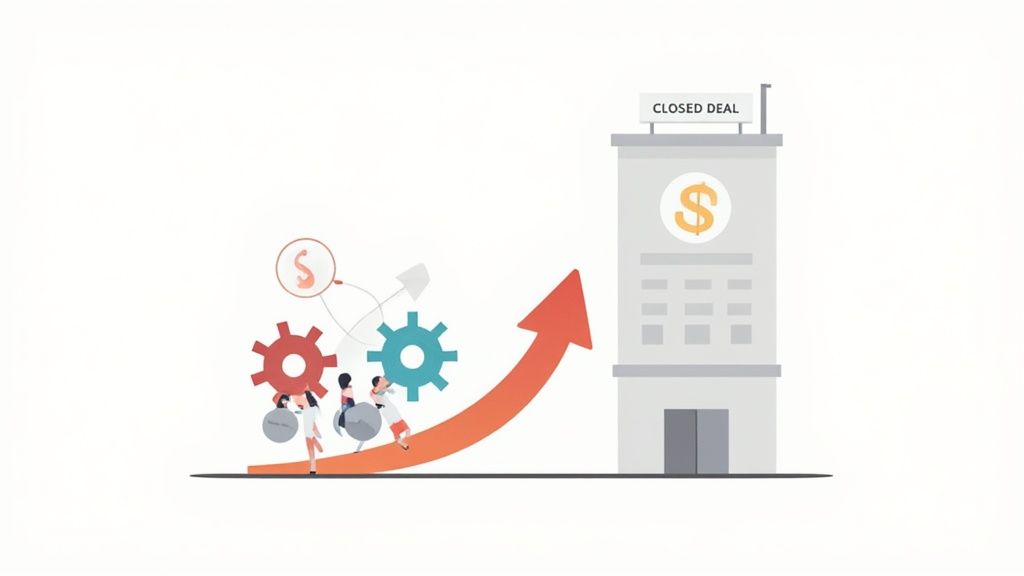 Business team climbing upward arrow toward closed deal building representing account based marketing success