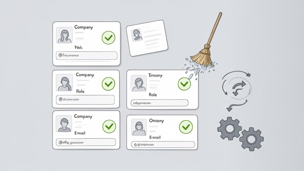 An illustration depicting profile cards, some validated, one being swept away by a broom, with gears and refresh arrows.