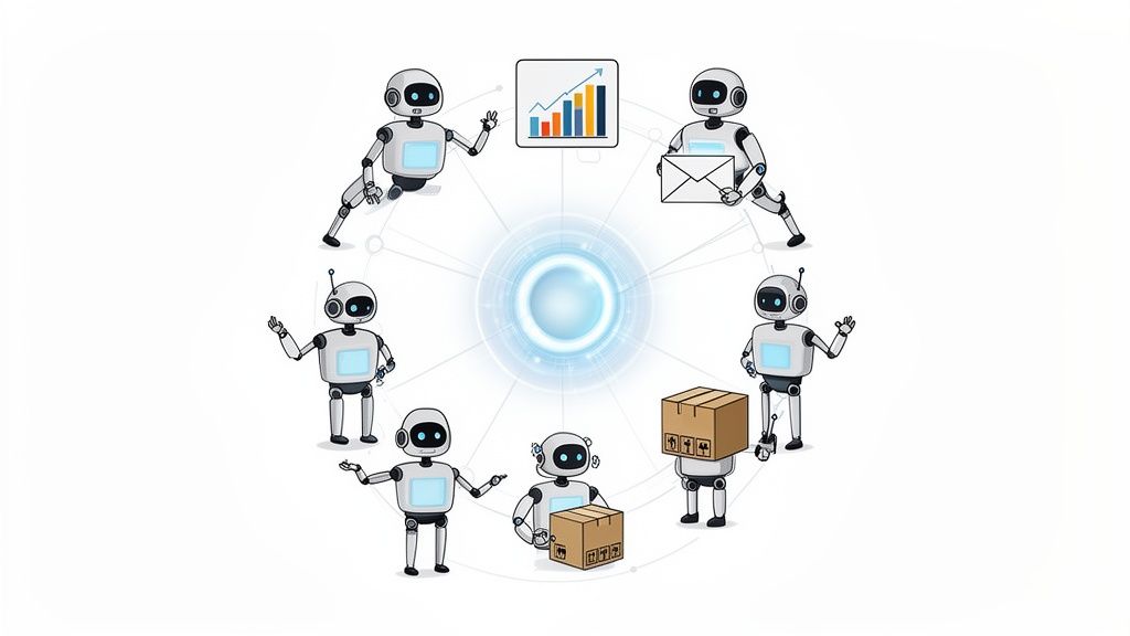Robots in a multi-agent system collaboratively performing tasks like data analysis, communication, and logistics.
