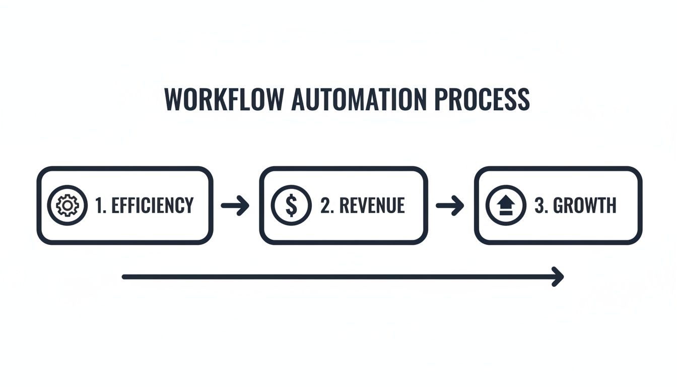 Diagram illustrating the workflow automation process, showing steps from efficiency to revenue and growth.