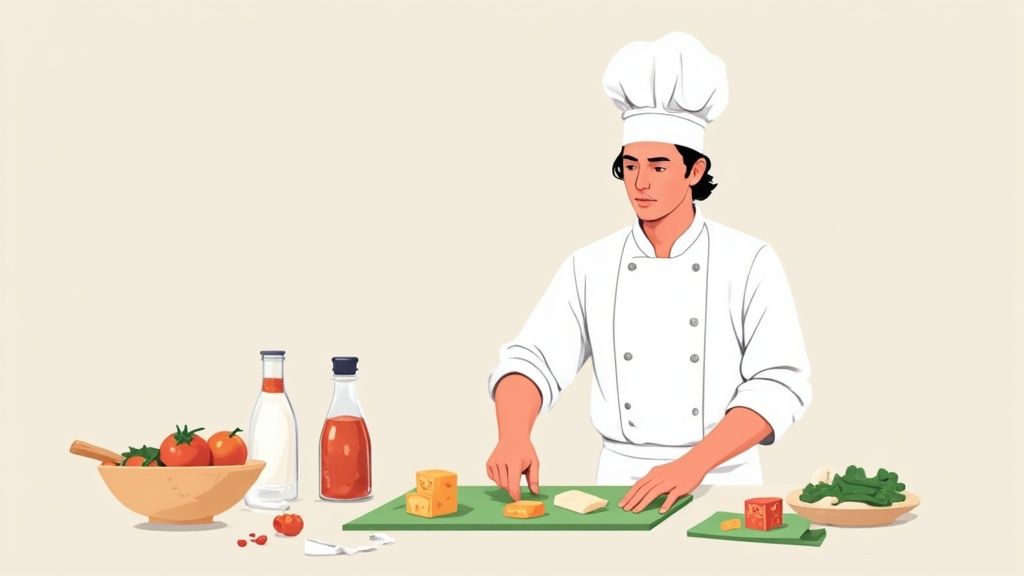 A chef carefully selecting ingredients to prepare a dish, representing feature engineering for a model.
