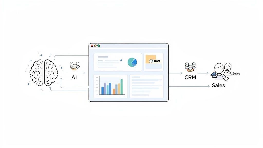 Diagram illustrating an AI brain processing data, feeding into a dashboard, which connects to CRM and sales teams for market entry strategy.