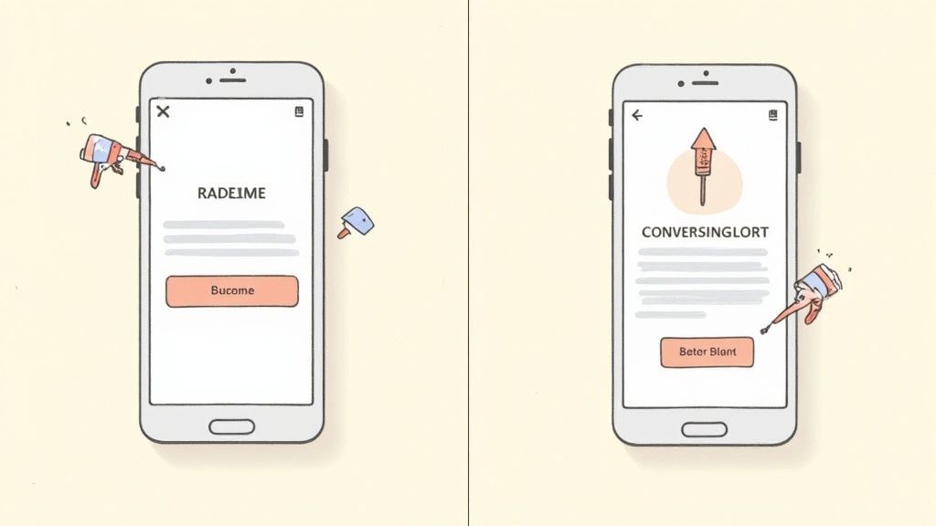 Two mobile phone screens display app errors, with tiny figures attempting to fix UI elements.
