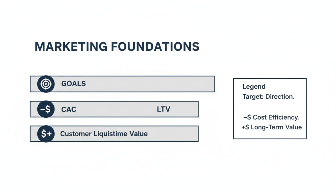 An infographic illustrating marketing foundations, including goals, customer acquisition cost (CAC), and customer lifetime value (LTV), with a legend for icons.