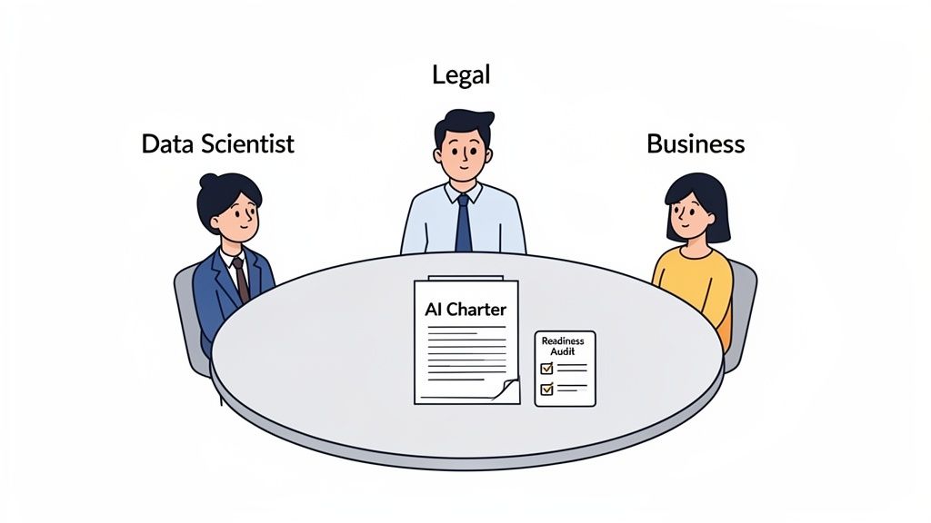Three professionals from data science, legal, and business review an AI Charter and Readiness Audit.