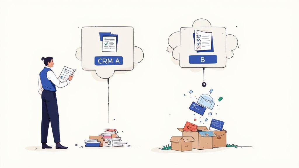 Business professional comparing two CRM systems with organized data versus cluttered boxes of documents