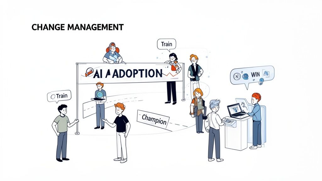 Team members engage in change management, training, and championing AI adoption for successful outcomes.
