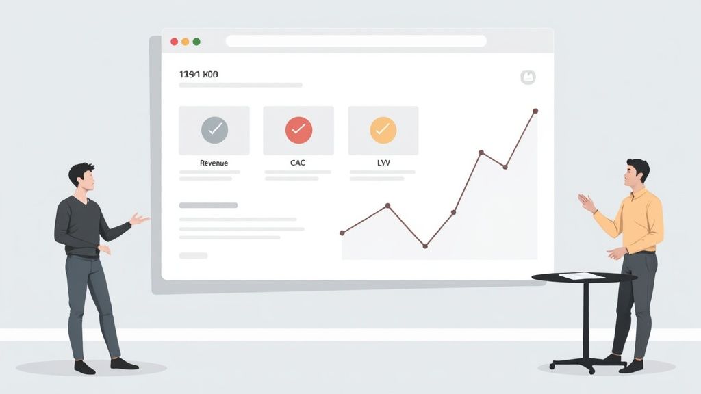 Two men present a digital dashboard displaying marketing metrics, checkmarks, and a trend graph.