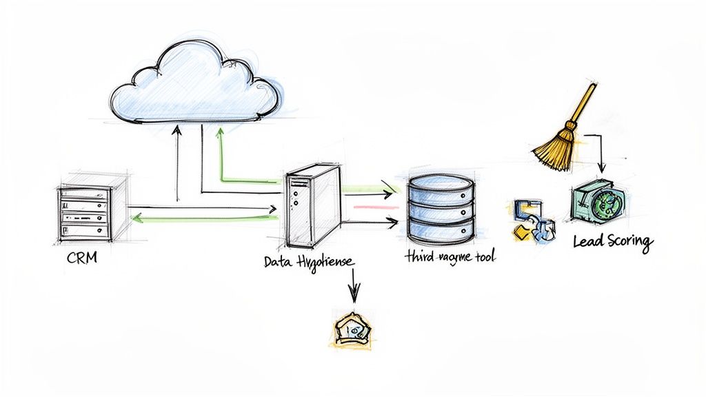 Diagram illustrating a data management workflow from CRM to lead scoring, including data hygiene and cloud integration.