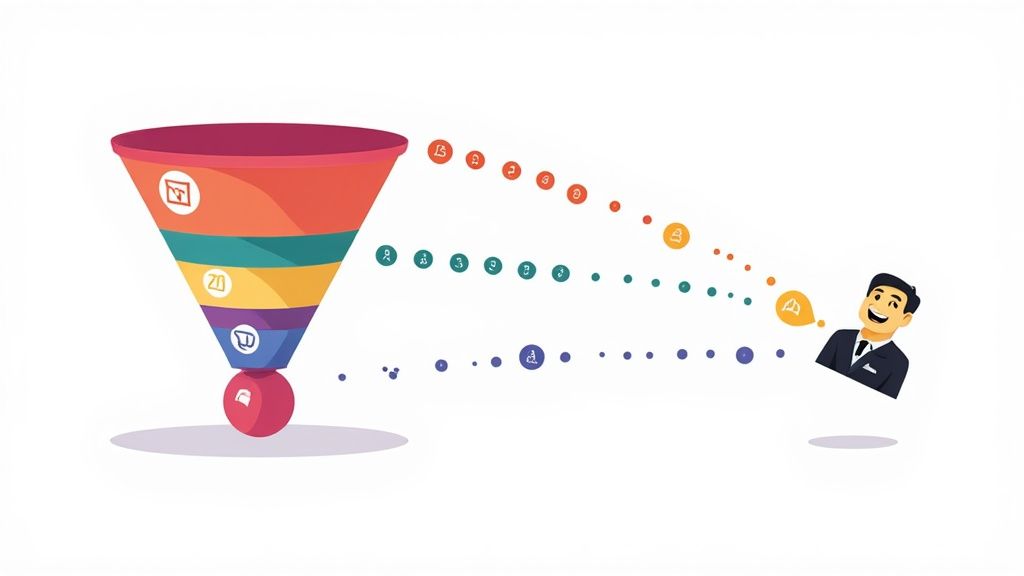A colorful sales funnel diagram with icons representing different stages of customer conversion leading to a happy businessman.