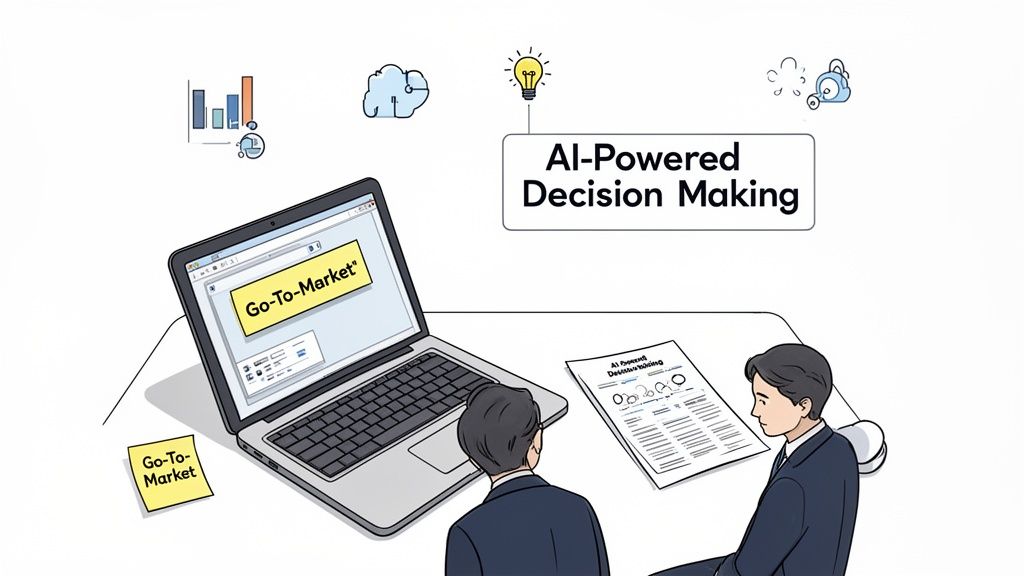 Executives analyze 'Go-To-Market' strategies using AI-powered decision-making tools and data insights.