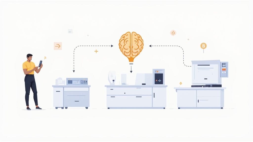Automated manufacturing workflow with brain AI connecting mobile device to production machines and printers