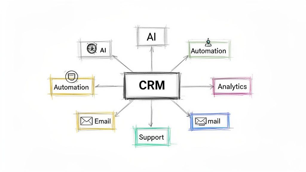 A hand-drawn diagram showing CRM as a central hub connected to AI, Automation, Analytics, Email, and Support.