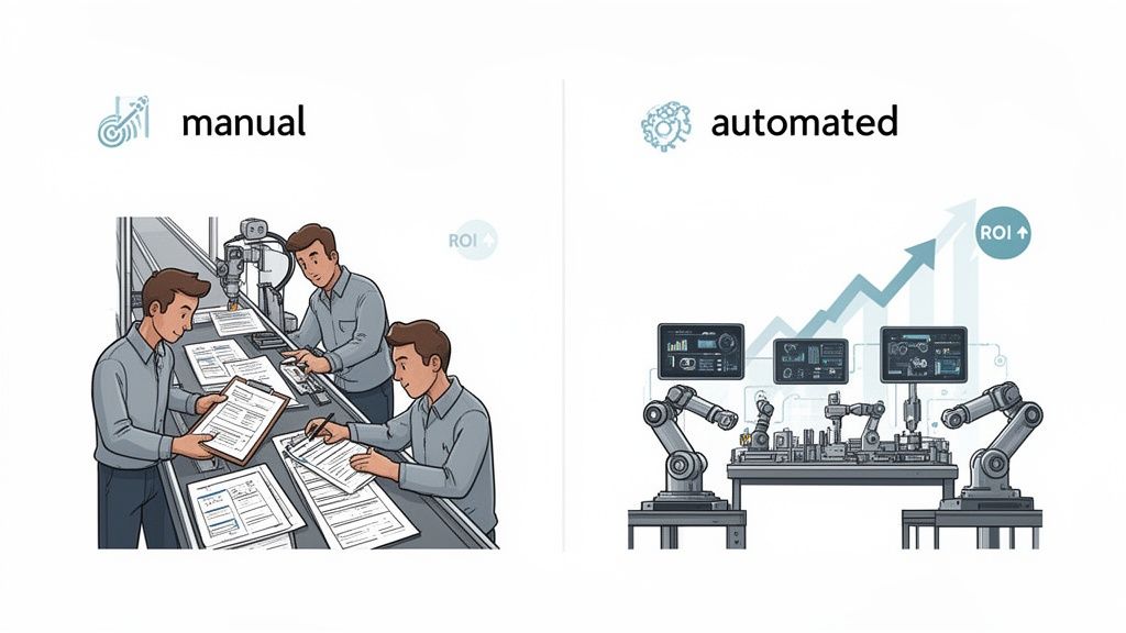 Comparison of manual labor workflows with automated robotic processes, demonstrating increased ROI from automation.