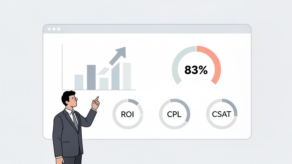 Businessman presenting a digital dashboard with bar charts, 83% progress, ROI, CPL, and CSAT metrics.