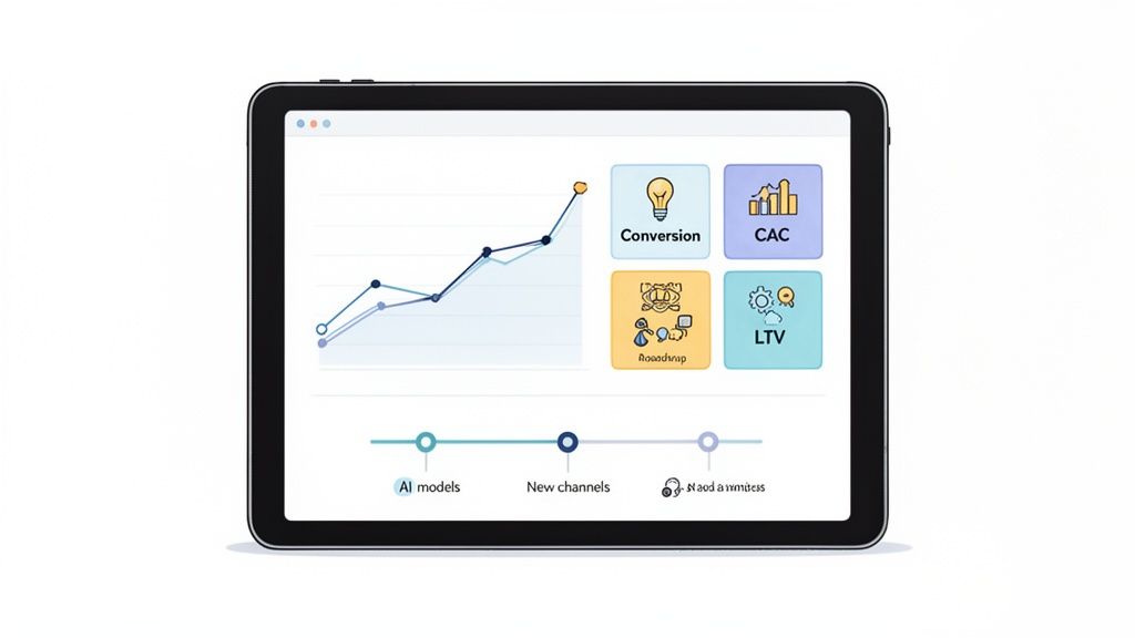 Tablet displaying a business dashboard with an upward trend graph, key metrics, and strategic progress.