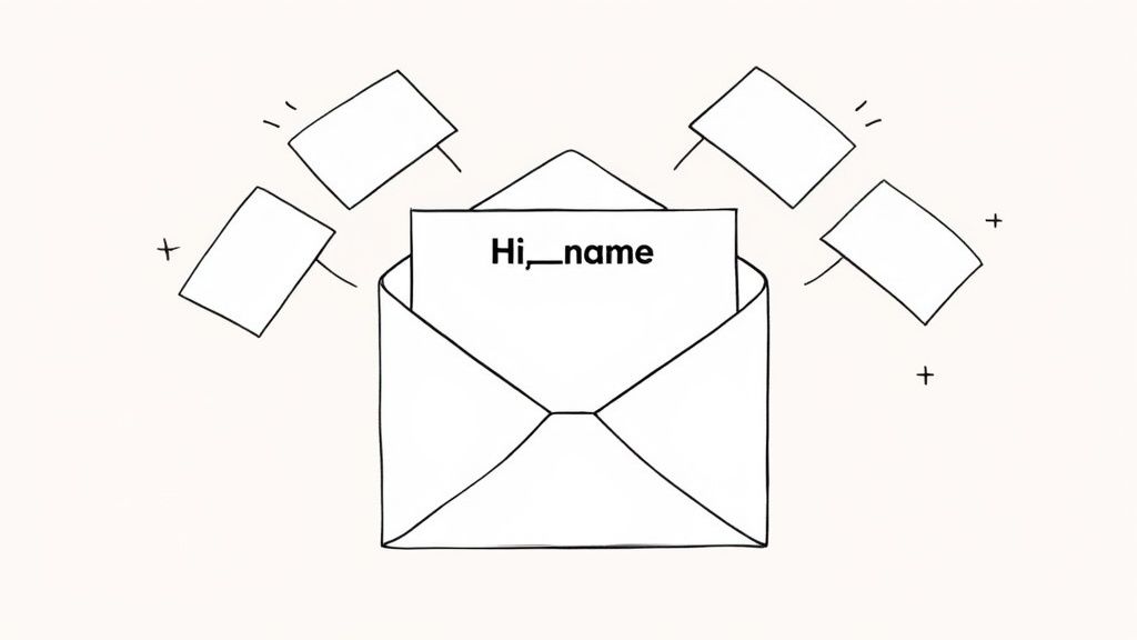 A hand-drawn image of an open envelope containing a personalized letter and surrounding message bubbles.