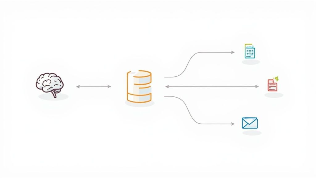 A brain icon connected to a database, which distributes information to financial reports, billing, and email communications.