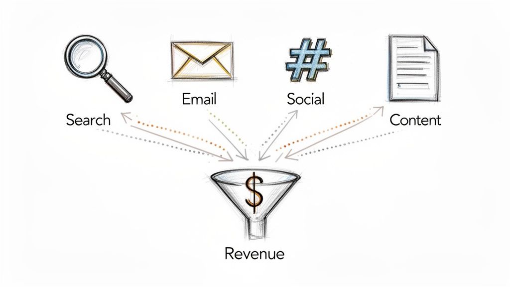 Diagram showing search, email, social, and content marketing channels leading into a revenue funnel.