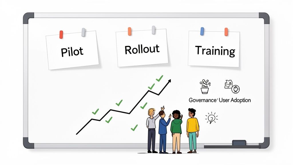 A whiteboard displays project phases: Pilot, Rollout, and Training, with a rising success graph, a team, and text on governance and user adoption.
