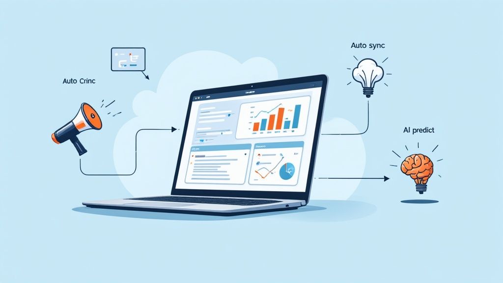 Laptop displays data dashboards, connected to 'Auto Crinc' megaphone, 'Auto sync' lightbulb, and 'AI predict' brain.