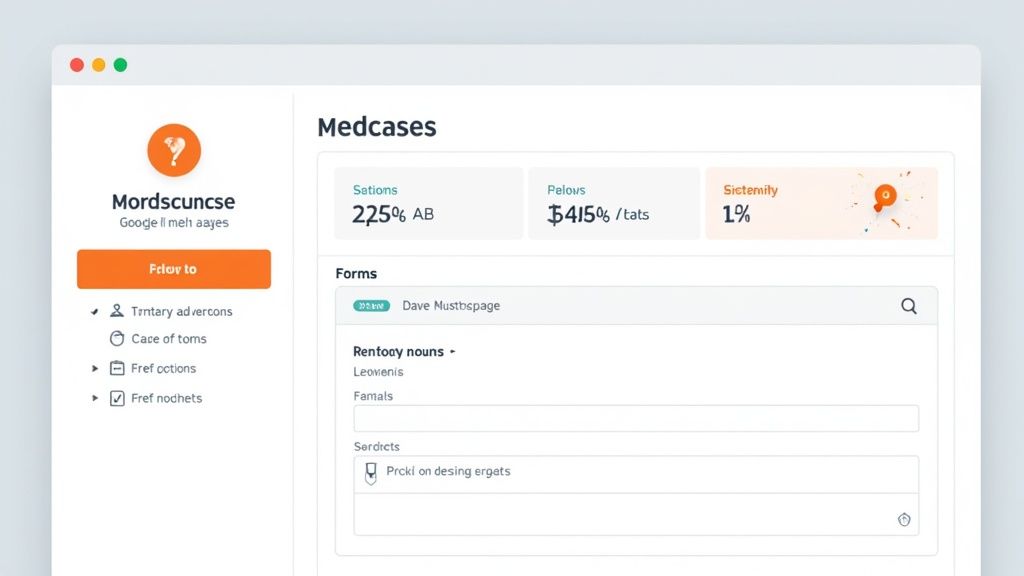 A dashboard interface showing 'Medcases' with a user profile and various data sections.