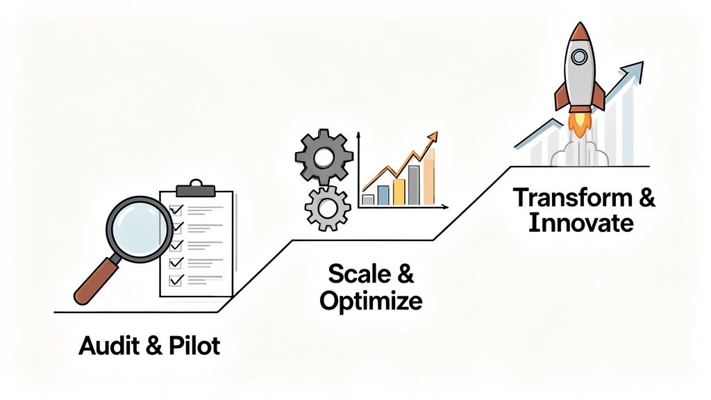 A diagram illustrating three business growth stages: Audit & Pilot, Scale & Optimize, and Transform & Innovate.