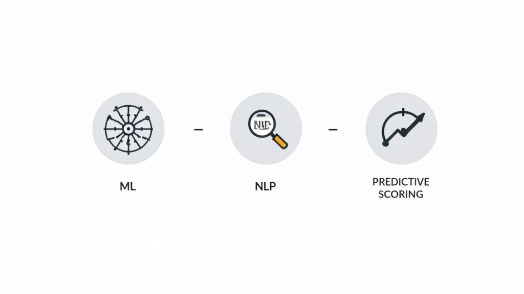 A digital illustration showing interconnected nodes of machine learning and data processing