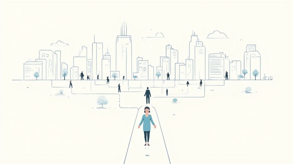 A person interacting with a futuristic global interface, symbolizing digital transformation strategy