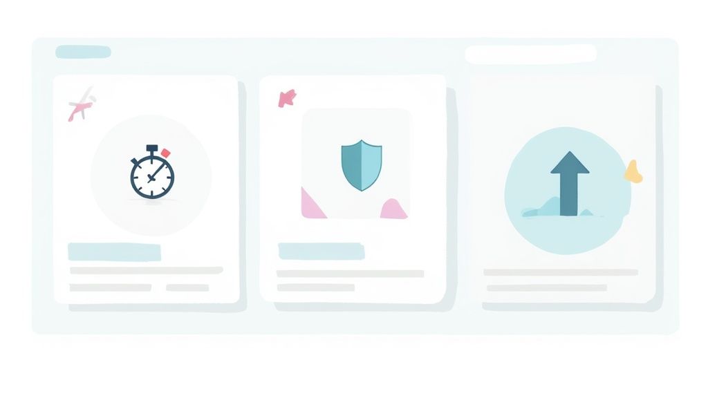 Three white cards displaying icons for speed, security, and growth, representing business processes.