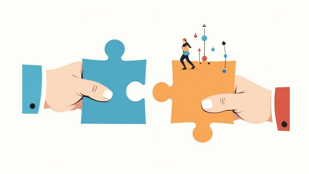 Two hands holding blue and orange puzzle pieces, symbolizing collaboration and problem-solving.