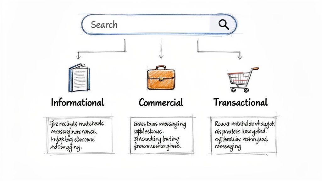 Diagram illustrating search intent types: informational (book), commercial (briefcase), and transactional (shopping cart).